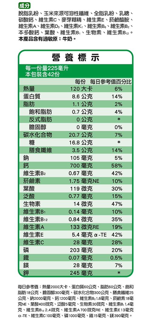 高鈣順暢營養表