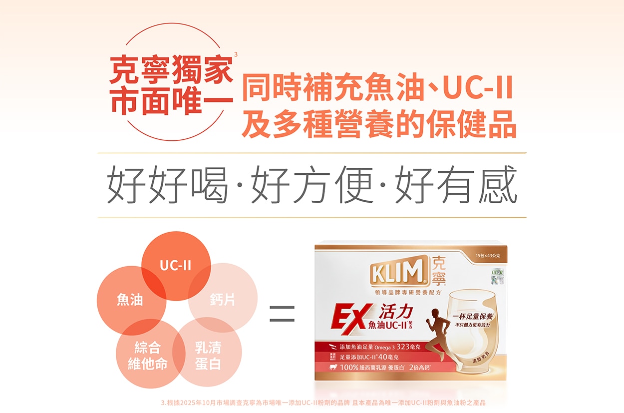 克寧獨家市面唯一，同時補充魚油、UC-II多種營養的保健品