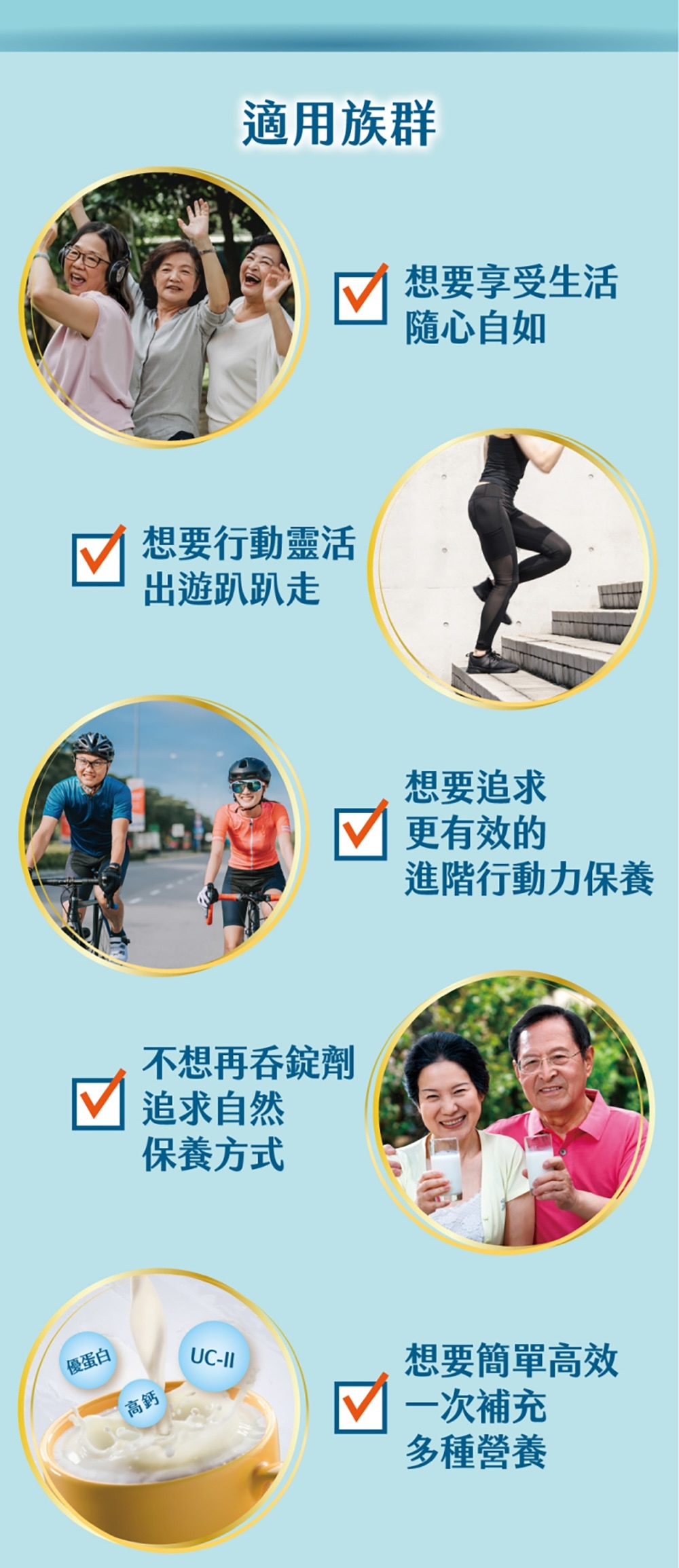 適用族群：想要享受生活隨心自如、想要行動靈活出遊趴趴走、想要追求更有效的進階行動保養、不想再吞錠劑追求自然保養方式、想要簡單高效一次補充多種營養