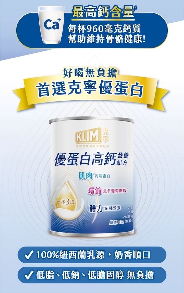 老人補鈣營養品推薦、補鈣奶粉、高鈣奶粉： 每杯960毫克最高鈣含量，維持骨骼健康 100%紐西蘭乳源、低脂、低鈉、低膽固醇配方