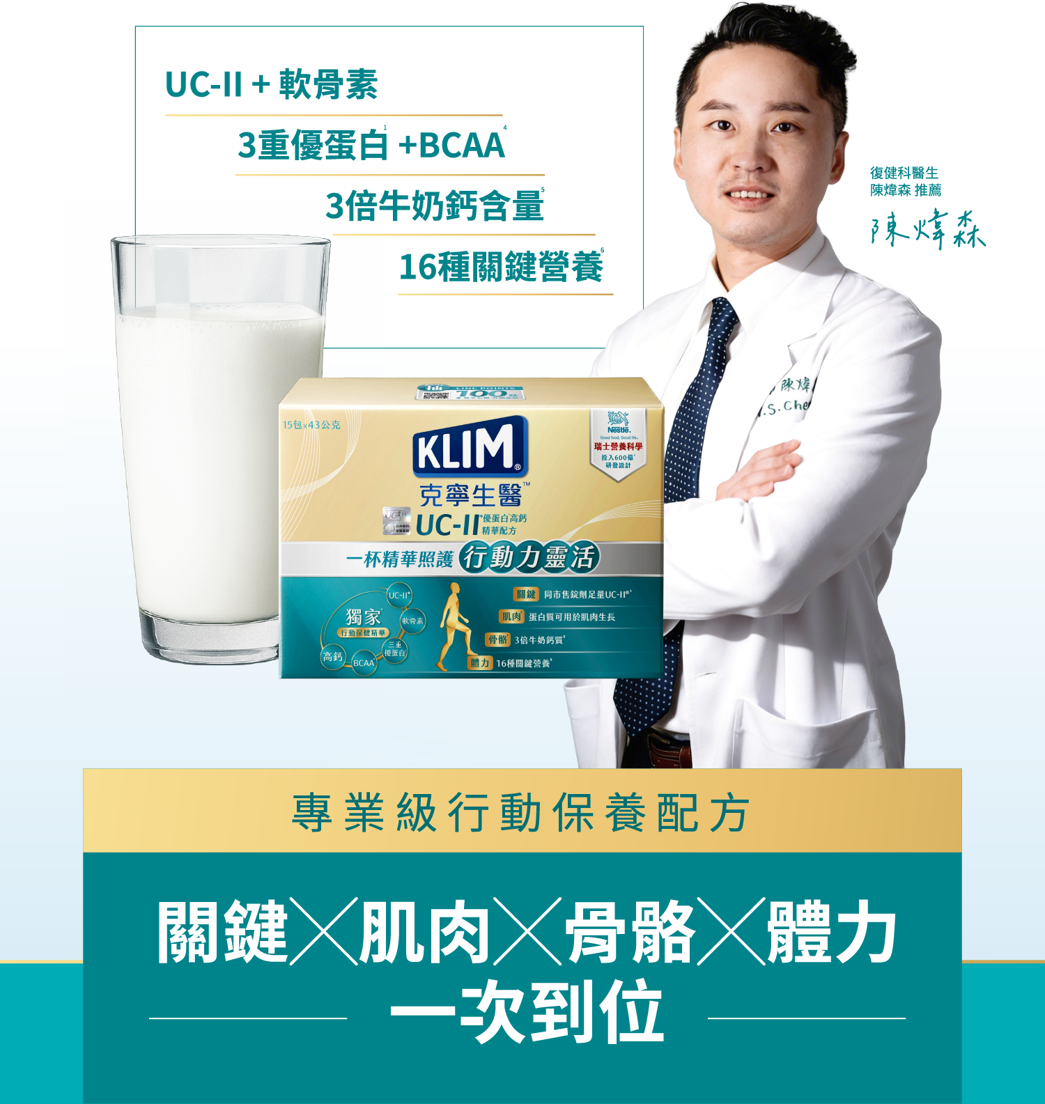 UC-II+軟骨素 3重優蛋白+BCAA 3倍牛奶鈣含量 16種關鍵營養 專業級行動保養配方 關鍵×肌肉×骨骼×體力 一次到位