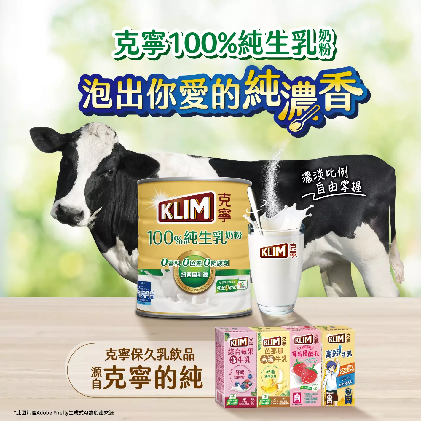 克寧100%純生乳奶粉,泡出你愛的純濃香。濃淡比例 自由掌握。0香料 0色素 0防腐劑 紐西蘭乳源。克寧保久乳飲品源自克寧的純。