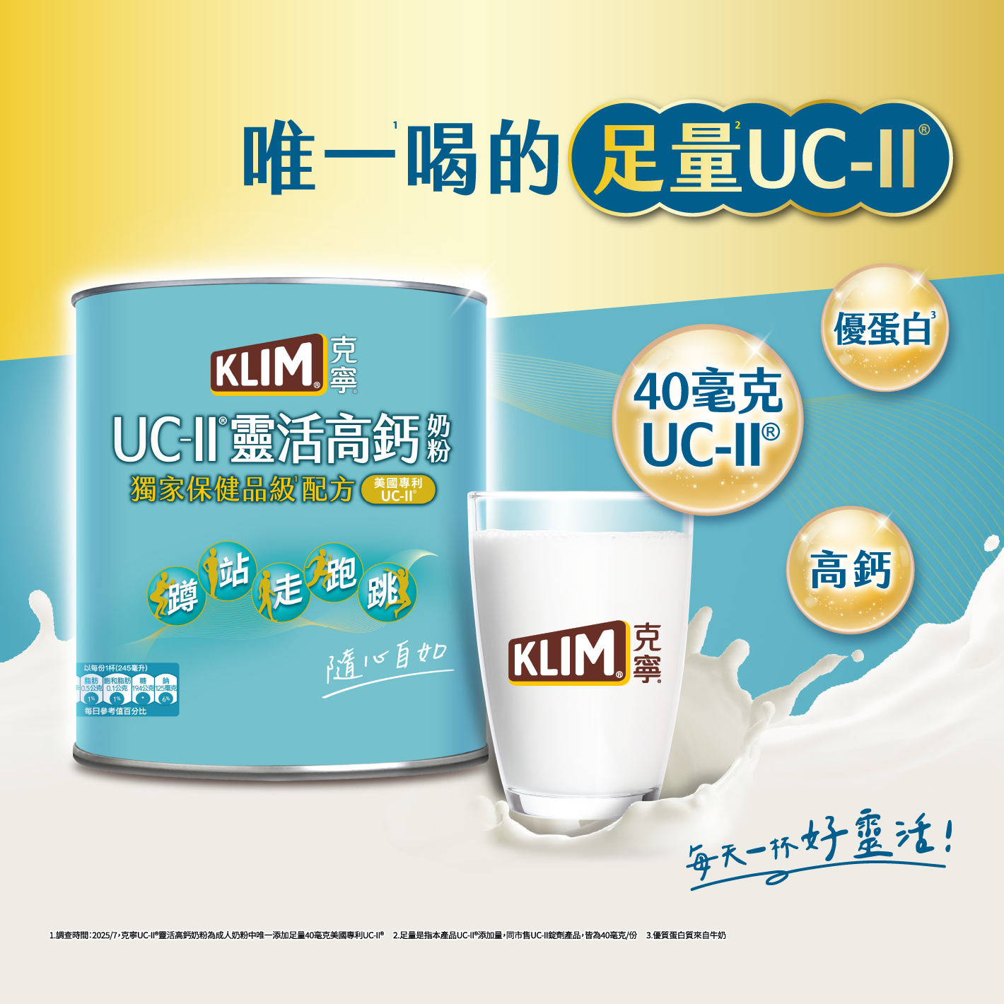 克寧唯一喝的足量UC-II，每杯40毫克足量UC2、高鈣、優蛋白